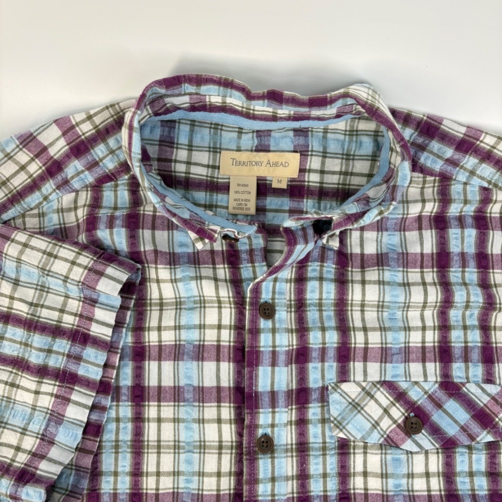 Territory Ahead Button Down Mens M Purple Blue Plaid Short Sleeve Top